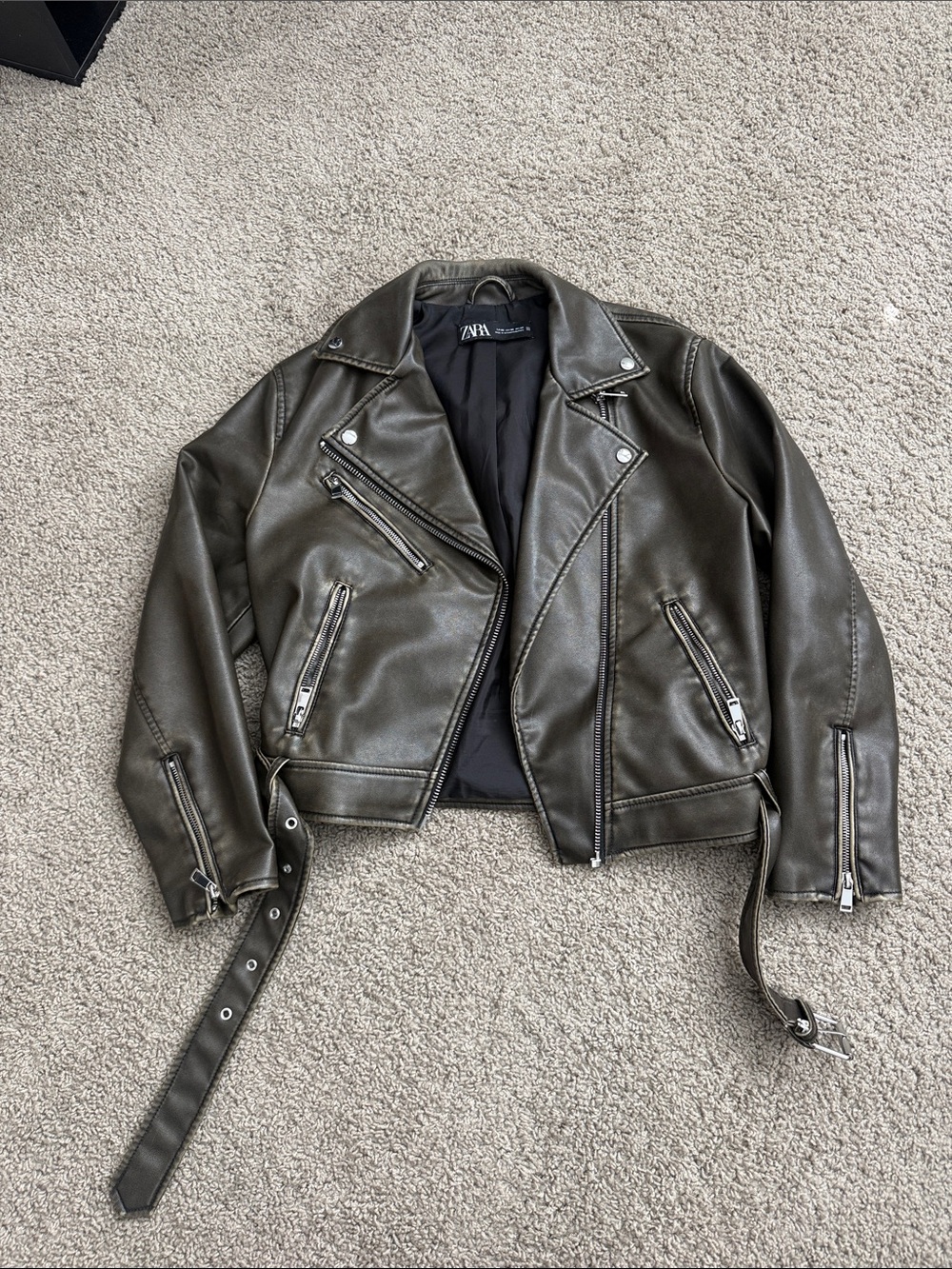 Zara Olive Faux Leather Biker Jacket with Belt